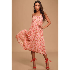 Lulus Liza Pink Floral Print Pleated Midi Dress - Size S